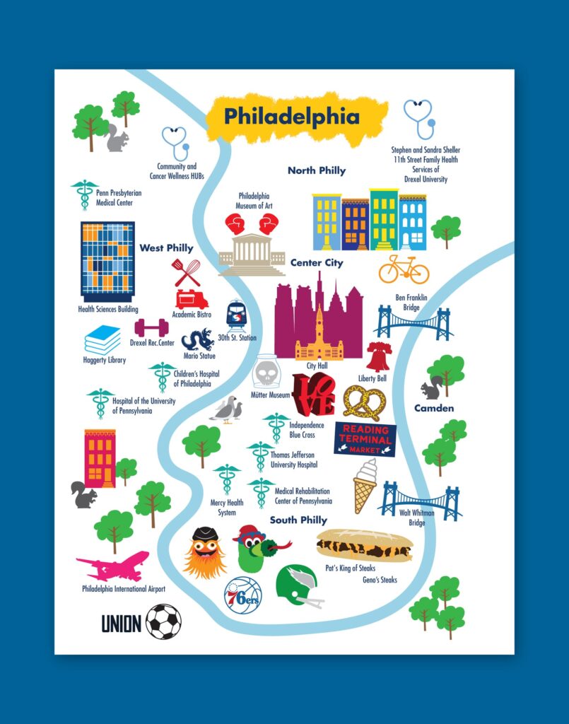 Map of Philadelphia with whimsical landmark illustrations.