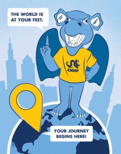 Illustrated dragon standing on globe with Philadelphia skyline in background.